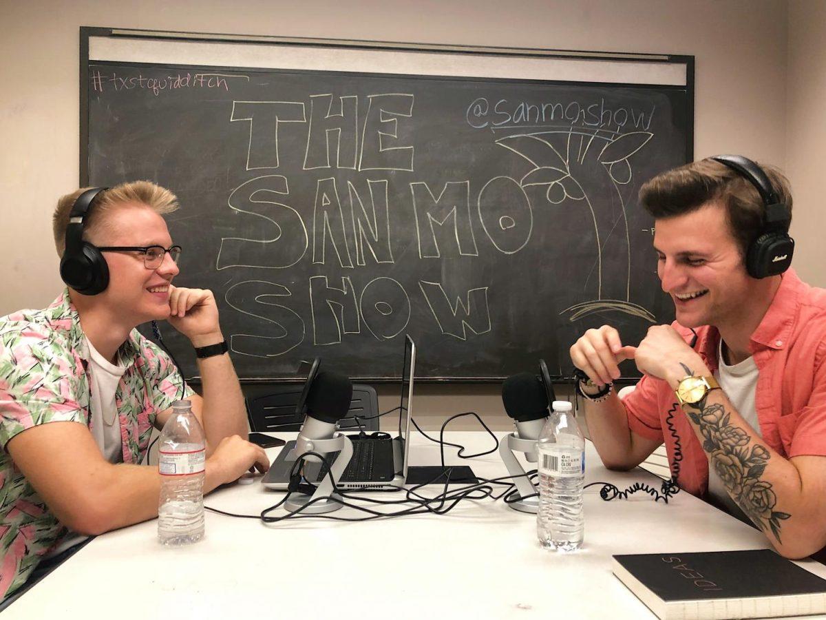 Jacob Cleveland (left) and special guest, Paul Peralta (right), recording episode 15 of The San Mo Show. Photo credit: Brianna Benitez