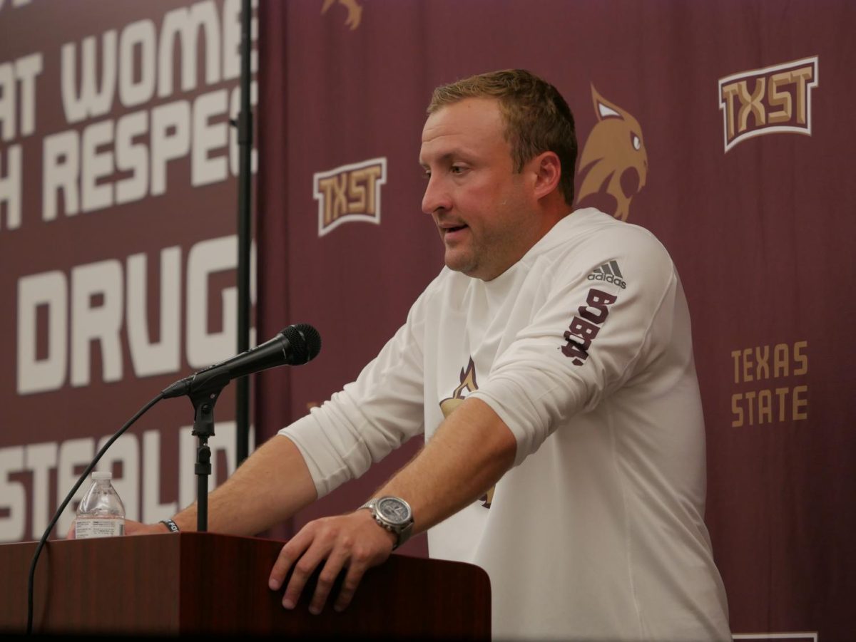 Head coach Jake Spavital addresses the media, citing personal mistakes as the key role in Texas State’s loss.