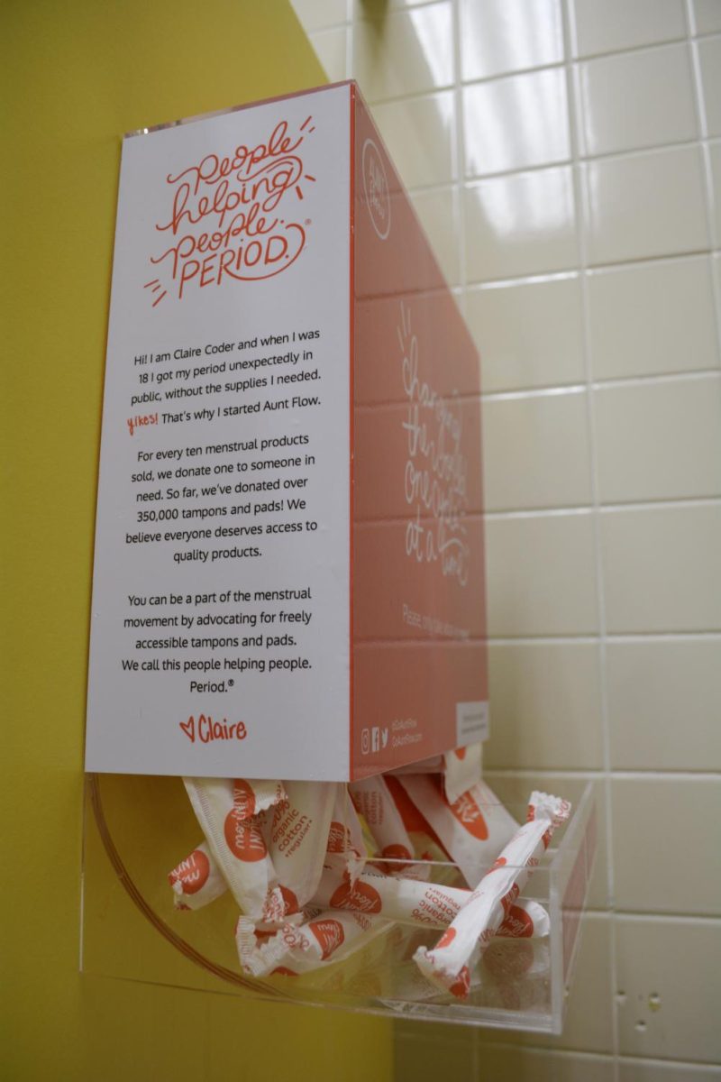 New menstrual hygiene dispenser located in the women’s restroom in Lampasas building. Photo credit: Angelina Cazar
