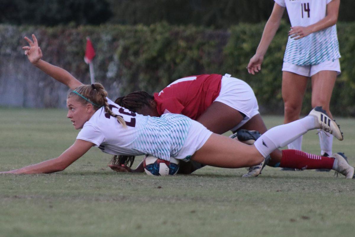 Defender Addison Gaetano dives to save the ball for her team in the Sept. 19 game against South Alabama at the Bobcat Soccer Complex. Photo credit: Katelyn Lester