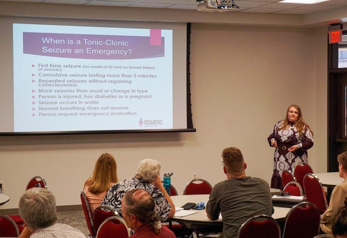 Speaker Jessica Strom discusses Tonic-Clonic seizure emergencies Oct. 7 at the LBJ Student Center. Photo credit: Rebecca Harrell