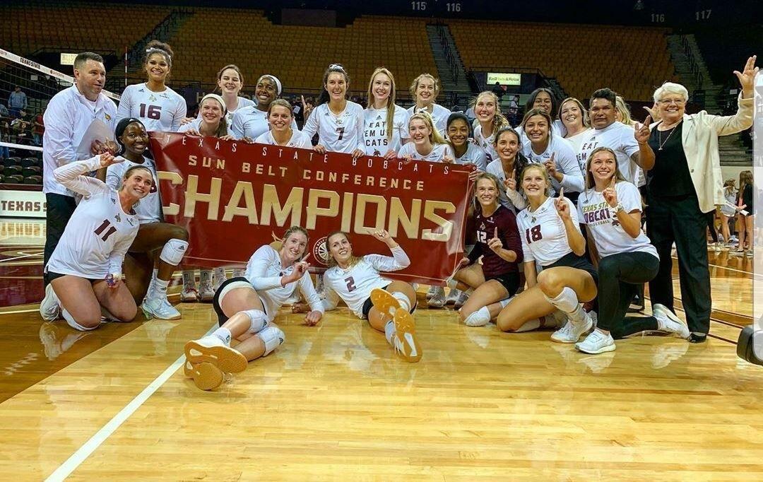 Texas State volleyball celebrates a Sun Belt Championship victory, Sunday, Nov. 24, 2019, at Strahan Arena. Photo courtesy of Texas State Athletics. Photo courtesy of Texas State Athletics.