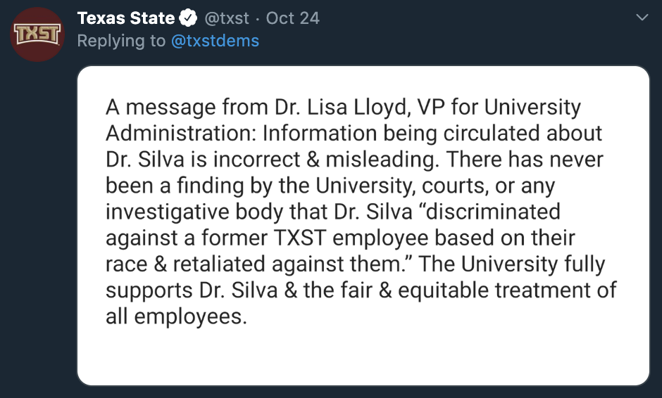A screenshot from the Texas State Twitter account Oct. 24.