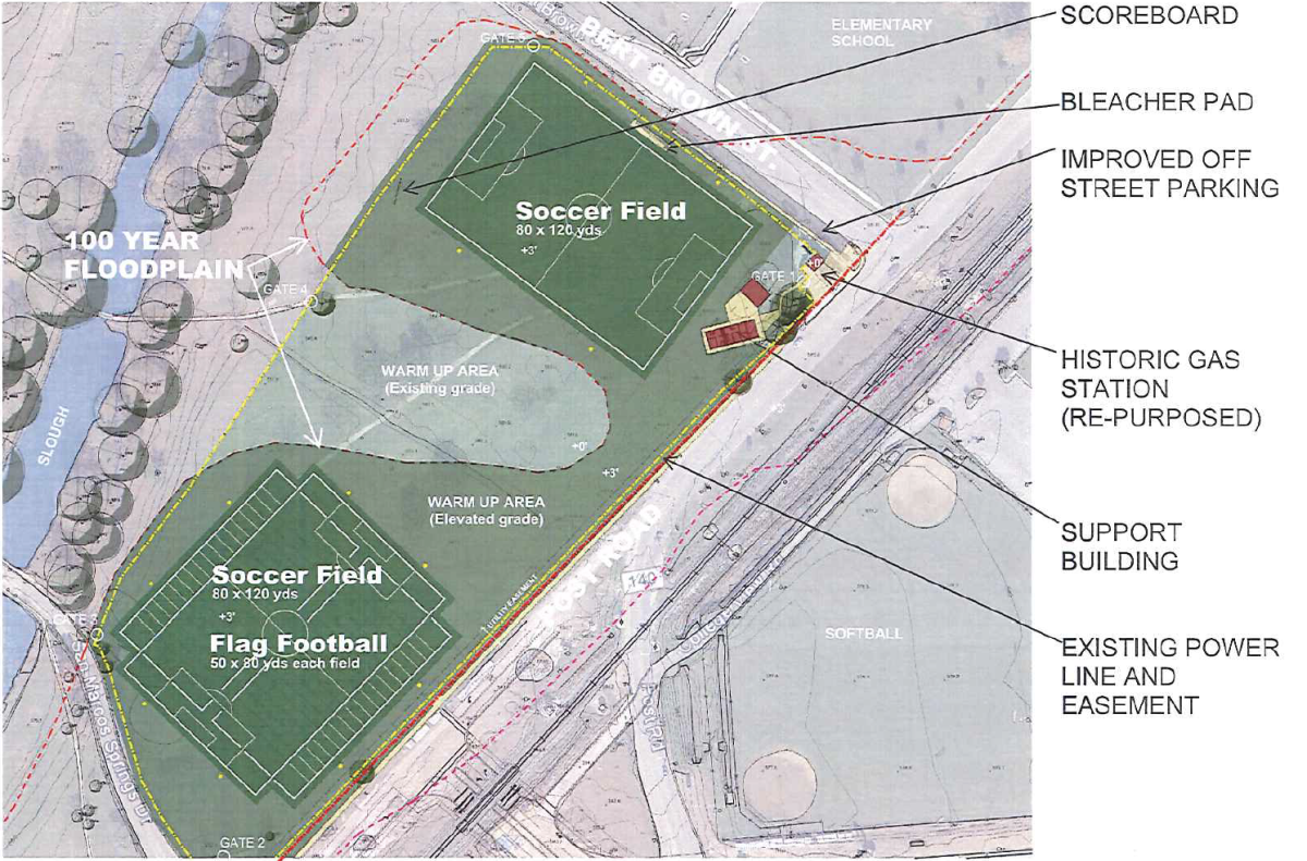 Prospective floorplan of the two recreational fields and two support buildings. Photo credit: Texas State University