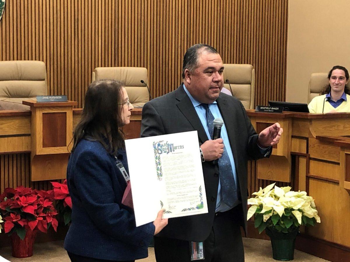 Mayor Jane Hughson honors City Manager Steve Parker’s final meeting with the San Marcos City Council by declaring Dec. 17 a celebration of his work for the city.