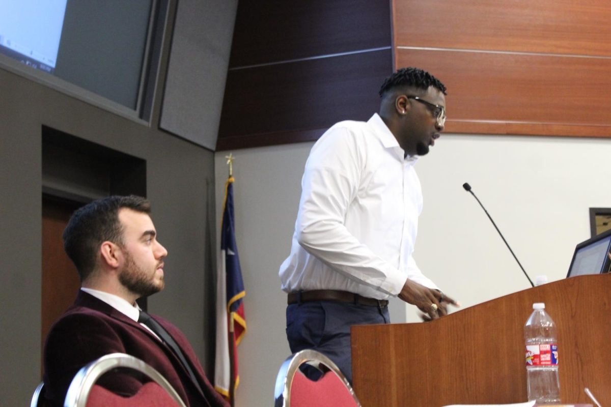 Student Body President Corey Benbow and Vice President Tucker Thompson presiding over the first student government meeting of the semester on Monday, Jan. 27, 2020.