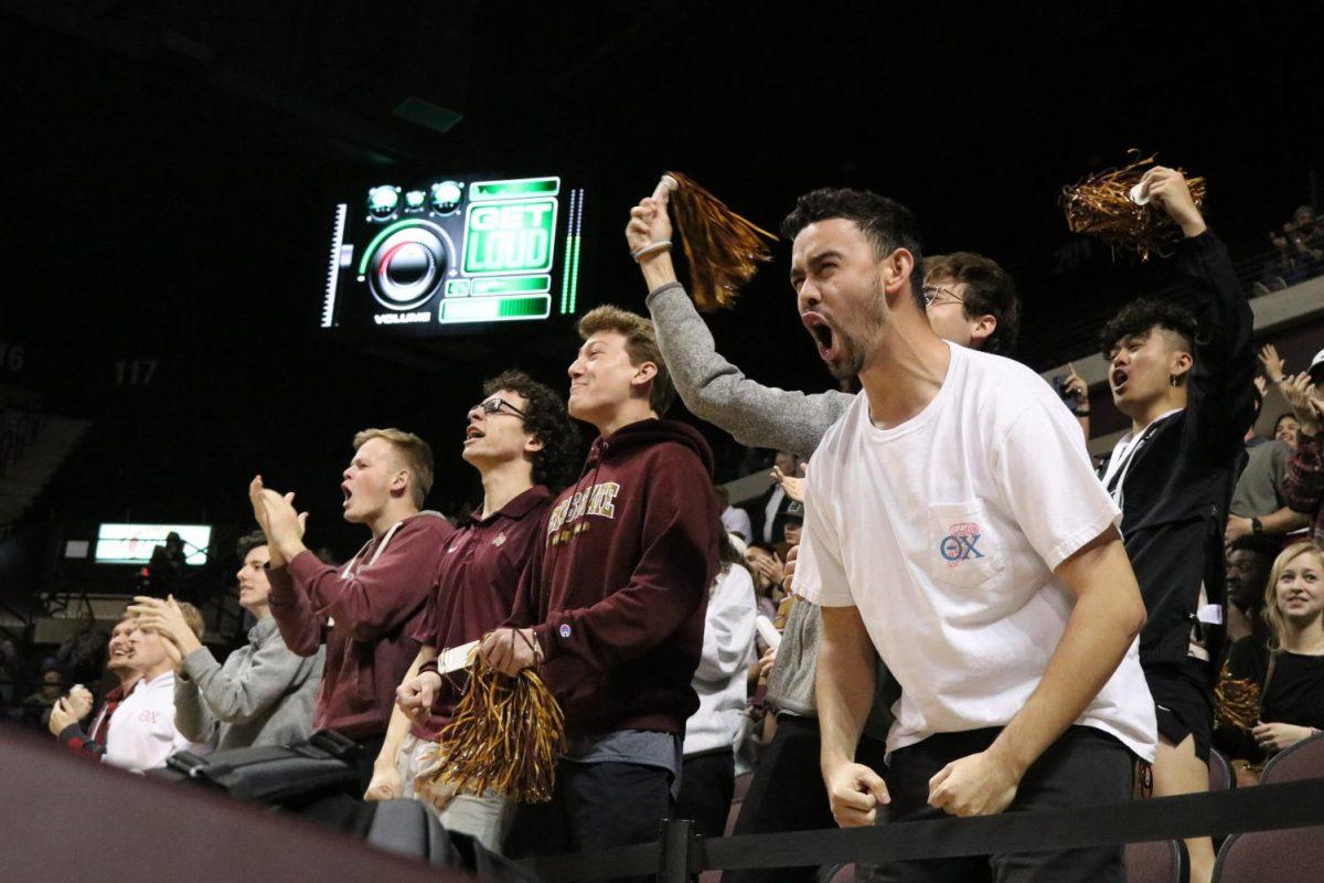 Theta Chi fraternity members cheer for the Bobcat mens basketball team, Saturday, Jan. 25, 2020, in a basketball game between Texas State and the University of Texas at Arlington. 