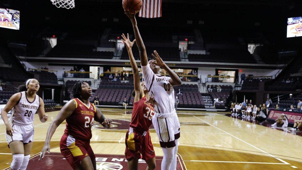 Junior Jayla Johnson goes in for a shot at the double-overtime loss to South Alabama on Saturday, Jan. 24, 2020. Photo courtesy of Texas State Athletics.