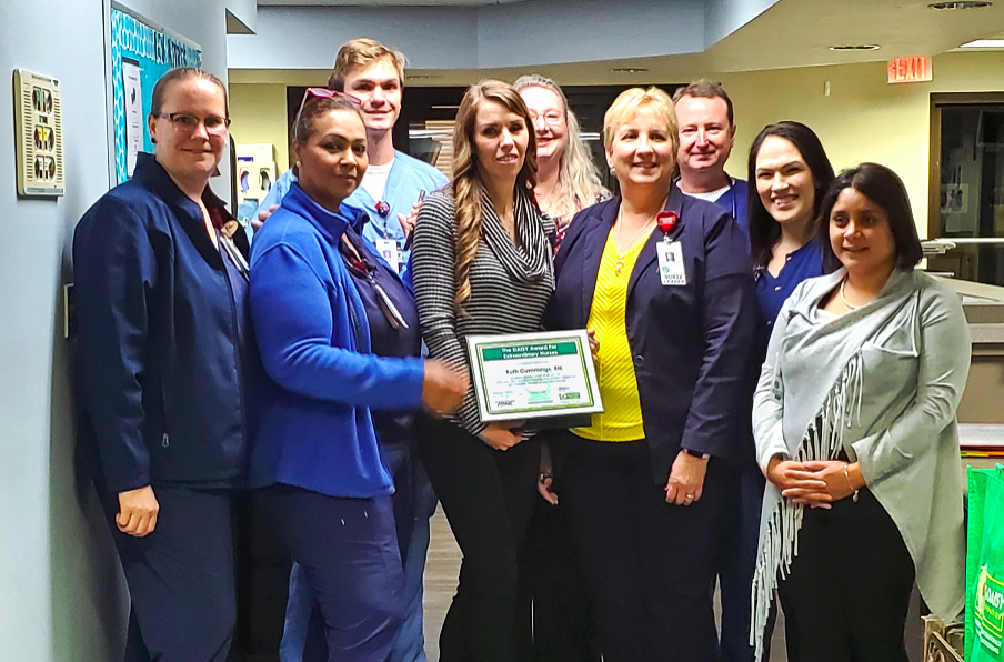 Ruth Cummings, RN (center) with CTMC Chief Nursing Officer Catherine Amitrano and members of the CTMC Intensive Care Unit and the Nursing Education team. Photo credit: Courtesy Photo