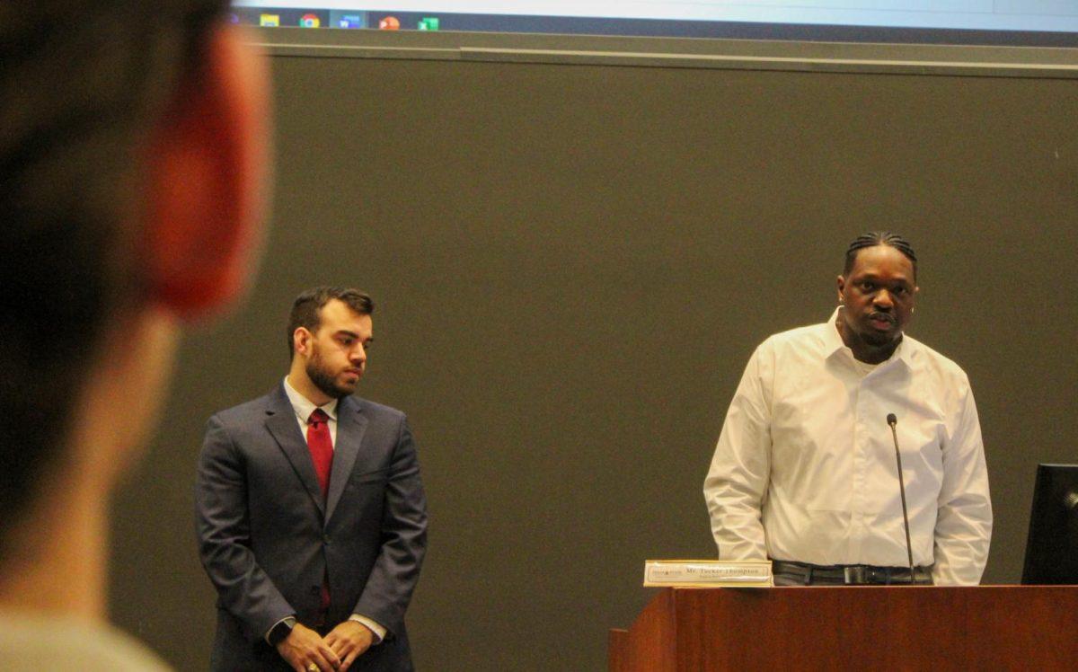 Vice President Tucker Thompson (Left) and Student Government President Corey Benbow (Right) during the State of Students Address on Monday, Feb. 25, 2020, in the LBJ Teaching Theater.