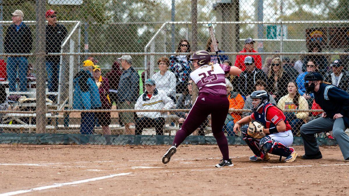 Senior Hailey MacKay prepares to hit the ball in Texas State’s first game against South Alabama on Friday, Feb. 7, 2020. Photo courtesy of Texas State Athletics.