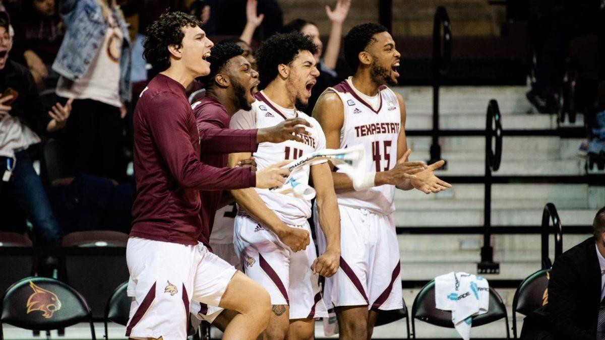 Texas+State+celebrates+as+they+pull+off+a+74-66+win+over+Little+Rock+on+Thursday%2C+Feb.+14%2C+2020+at+Strahan+Arena.+Photo+courtesy+of+Texas+State+Athletics.