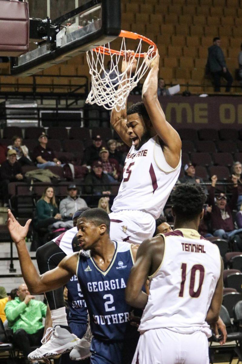 Texas State senior forward Eric Terry celebrates a dunk during the first half of a game against Georgia Southern, Thursday, Feb. 20, 2020, at Strahan Arena.