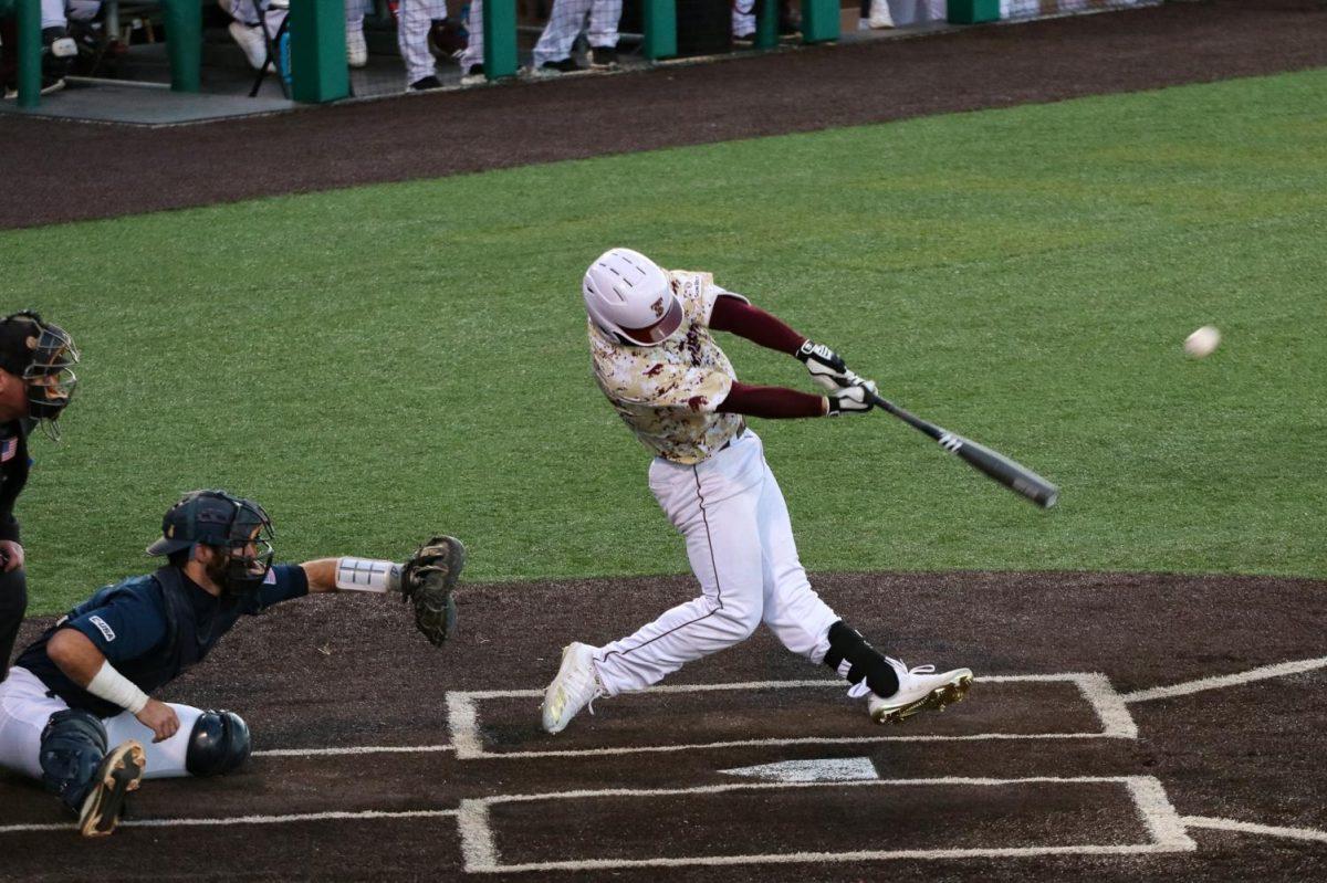 Texas State junior outfielder John Wuthrich hits a baseball, Wednesday, Feb. 26, 2020, at Bobcat Ballpark. The hit resulted in Wuthrich’s second home run of the season.