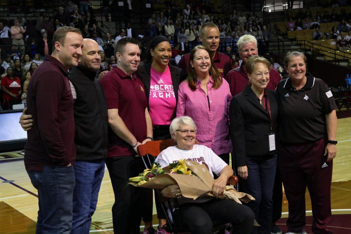 Former Head Volleyball Coach Karen Chisum is honored during halftime of a men’s basketball matchup between Texas State and Louisiana, Saturday, Feb. 1, 2020, at Strahan Arena. Chisum was presented with a rocking chair as a retirement present by other Texas State Athletics head coaches.