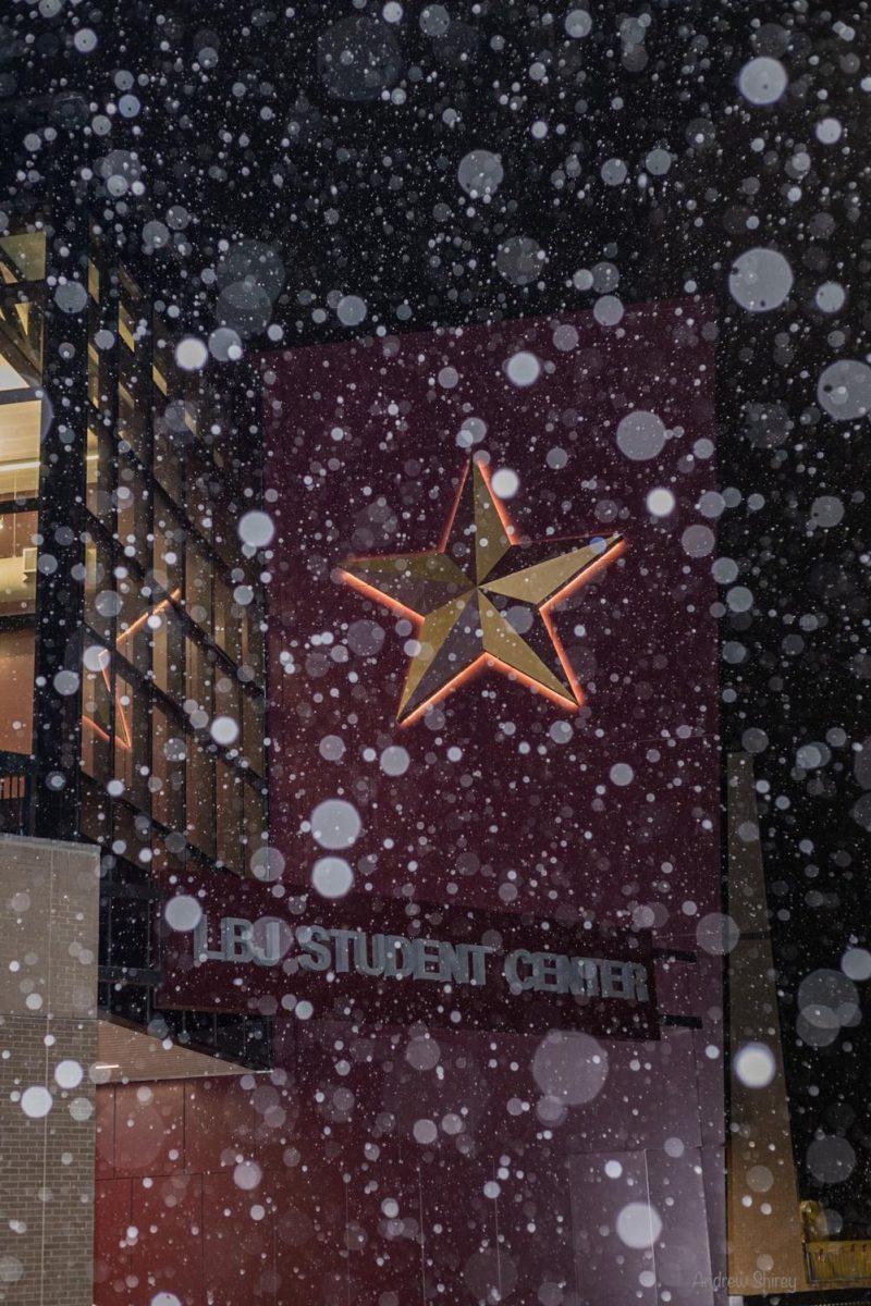 Snow falls near the newly renovated LBJ Student Center, Wednesday, Feb. 5, 2020, at Texas State.
