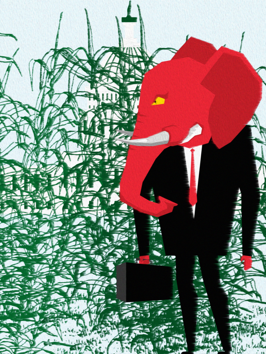 A+red+elephant-headed+business+man+leaves+the+U.S.+Capitol+building+and+walks+past+plants.