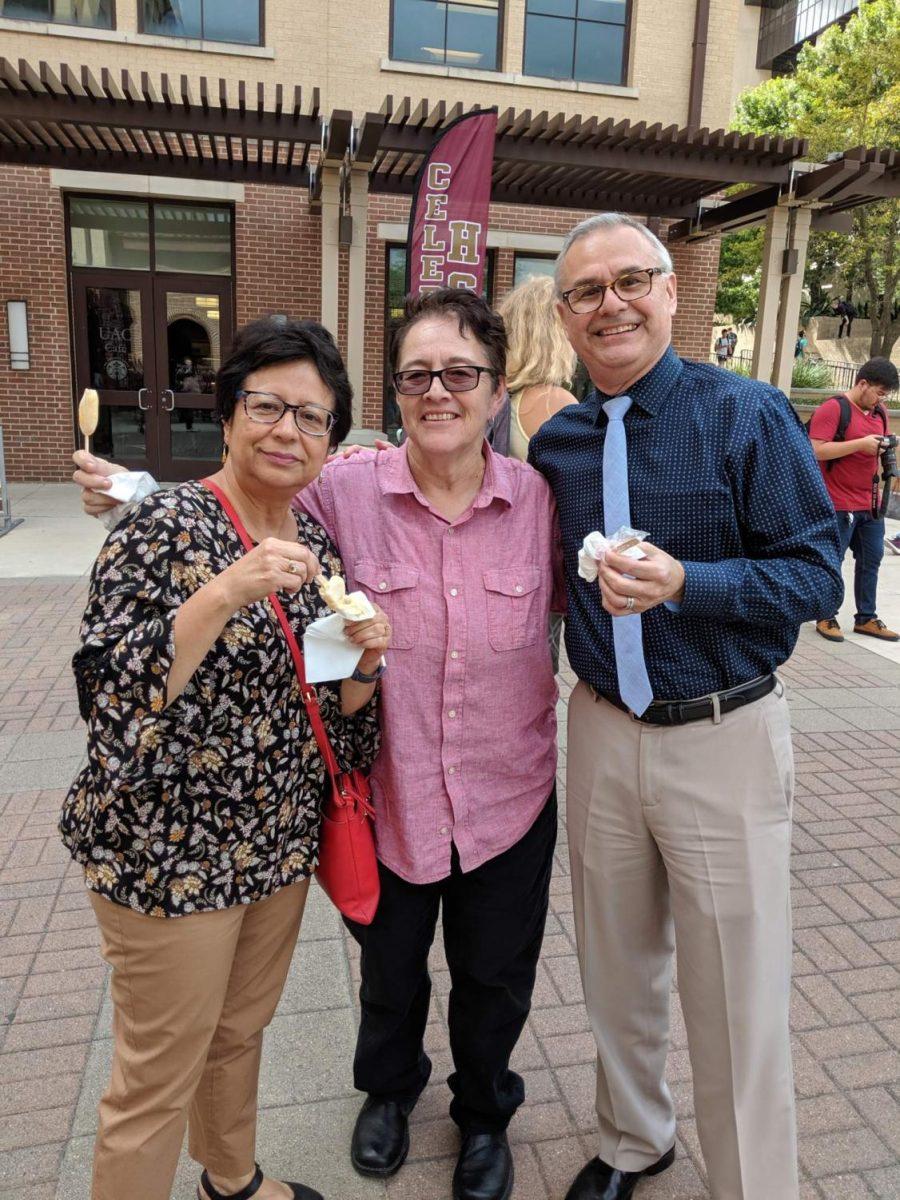 Associate Professor Dr. Mary Esther Huerta, Lecturer Yolanda Reyes, and Assistant Dean Dr. Ruben Garza enjoyed the treats and company at “Paletas and Platicas” during HSI week.