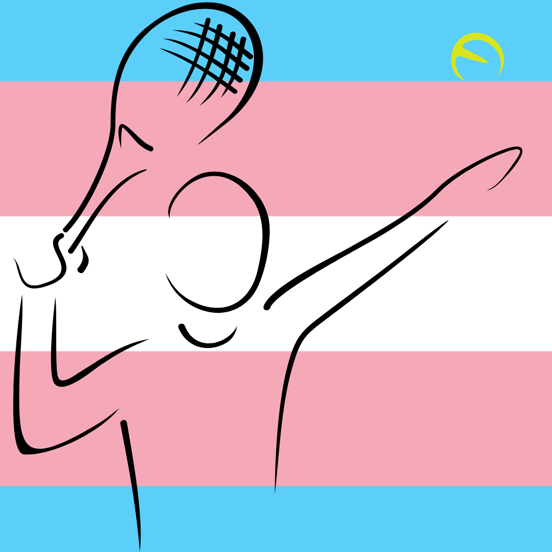 Outline of a tennis player hitting a ball in front of a trans pride flag.