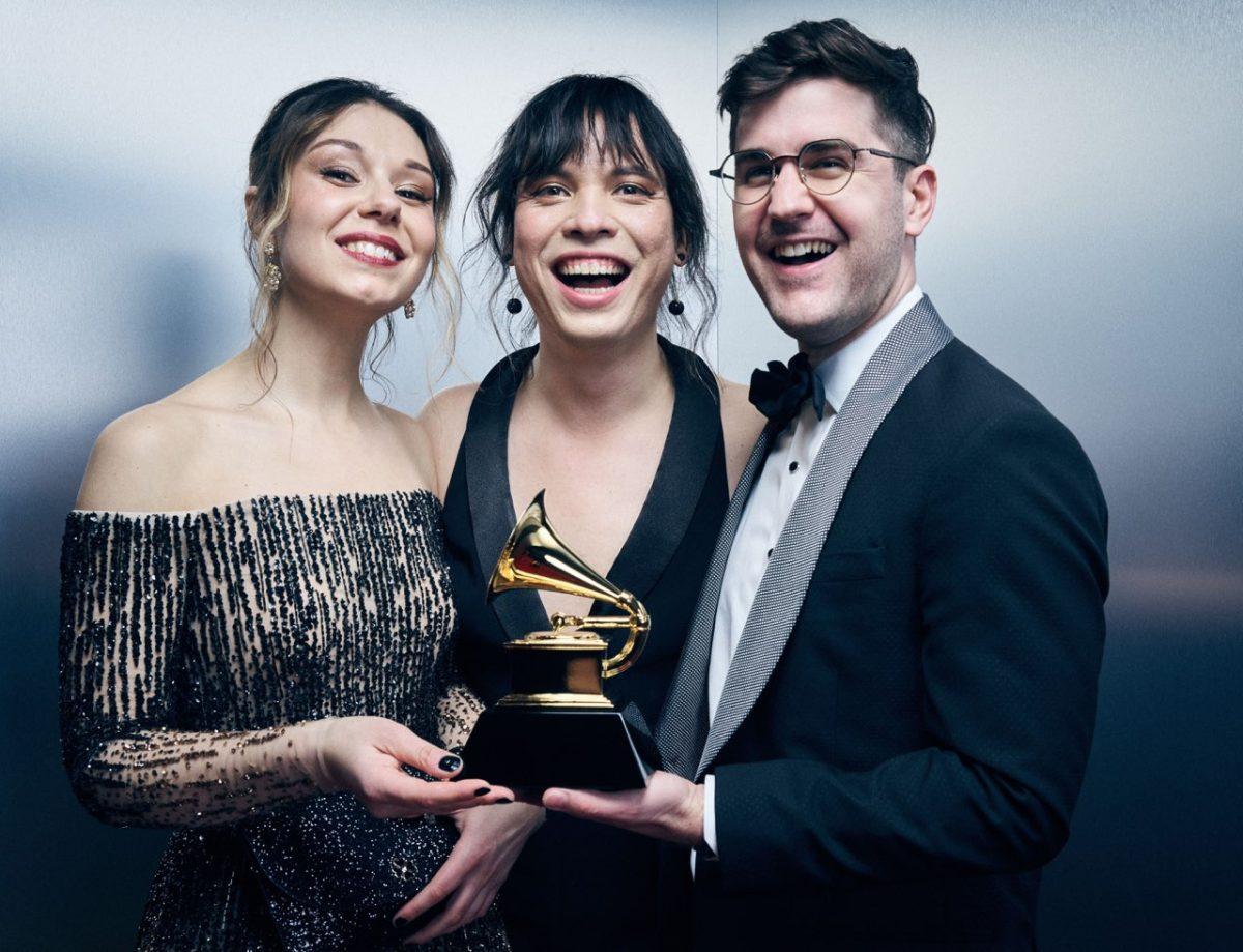 The Attacca Quartet members Amy Schroeder (left), Andrew Yee (middle) and Nathan Schram (right) after winning their first Grammy for best chamber music/small ensemble performance.Courtesy of Andrew Yee