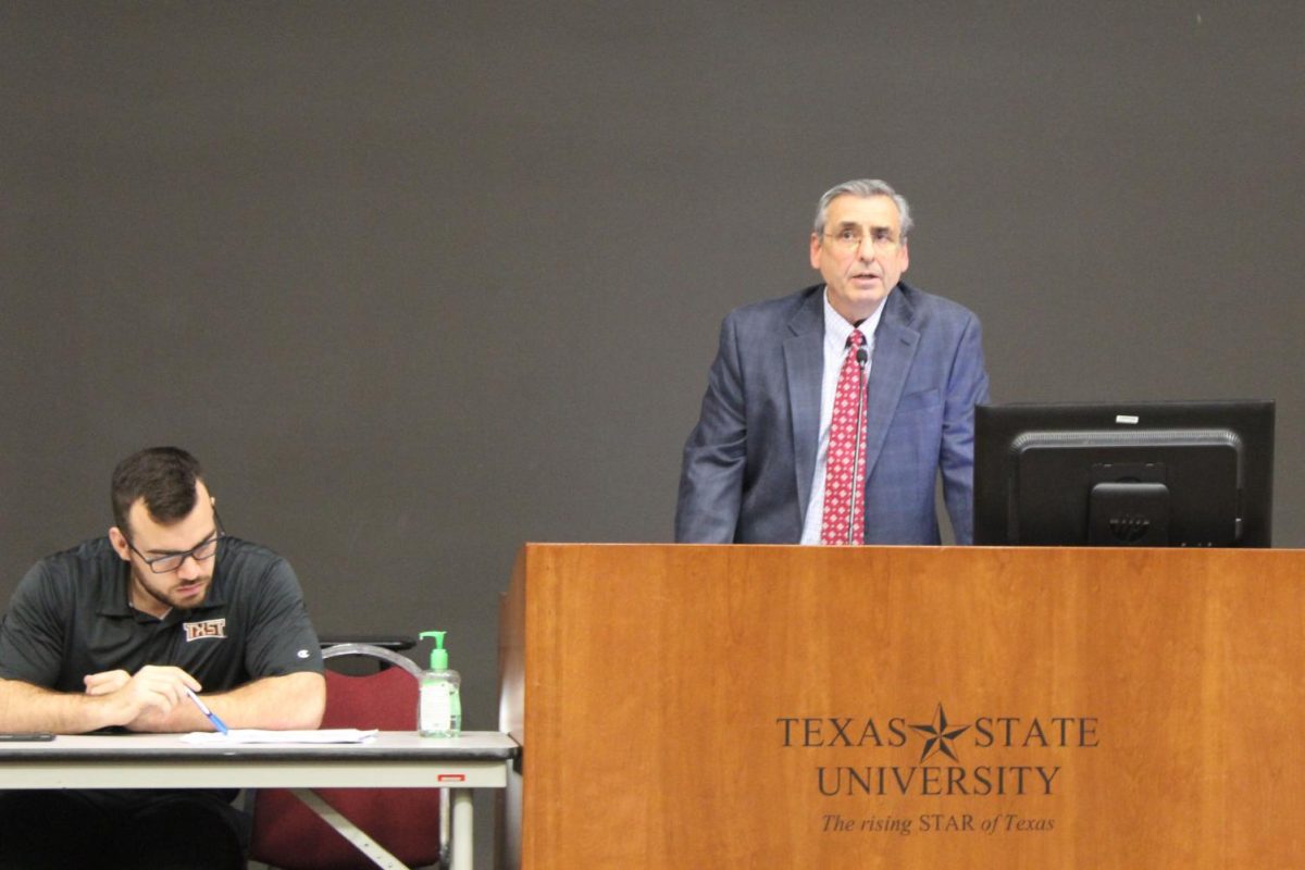 Student Health Center Director Dr. Emilio Carranco updates Student Government on Texas State’s COVID-19 preparations Monday, March 9, 2020 at the LBJ teaching theater.