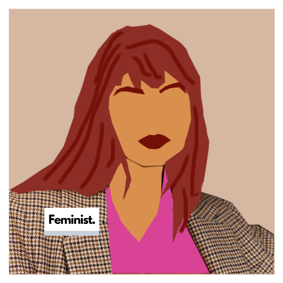 Woman with “Feminist’ name tag.