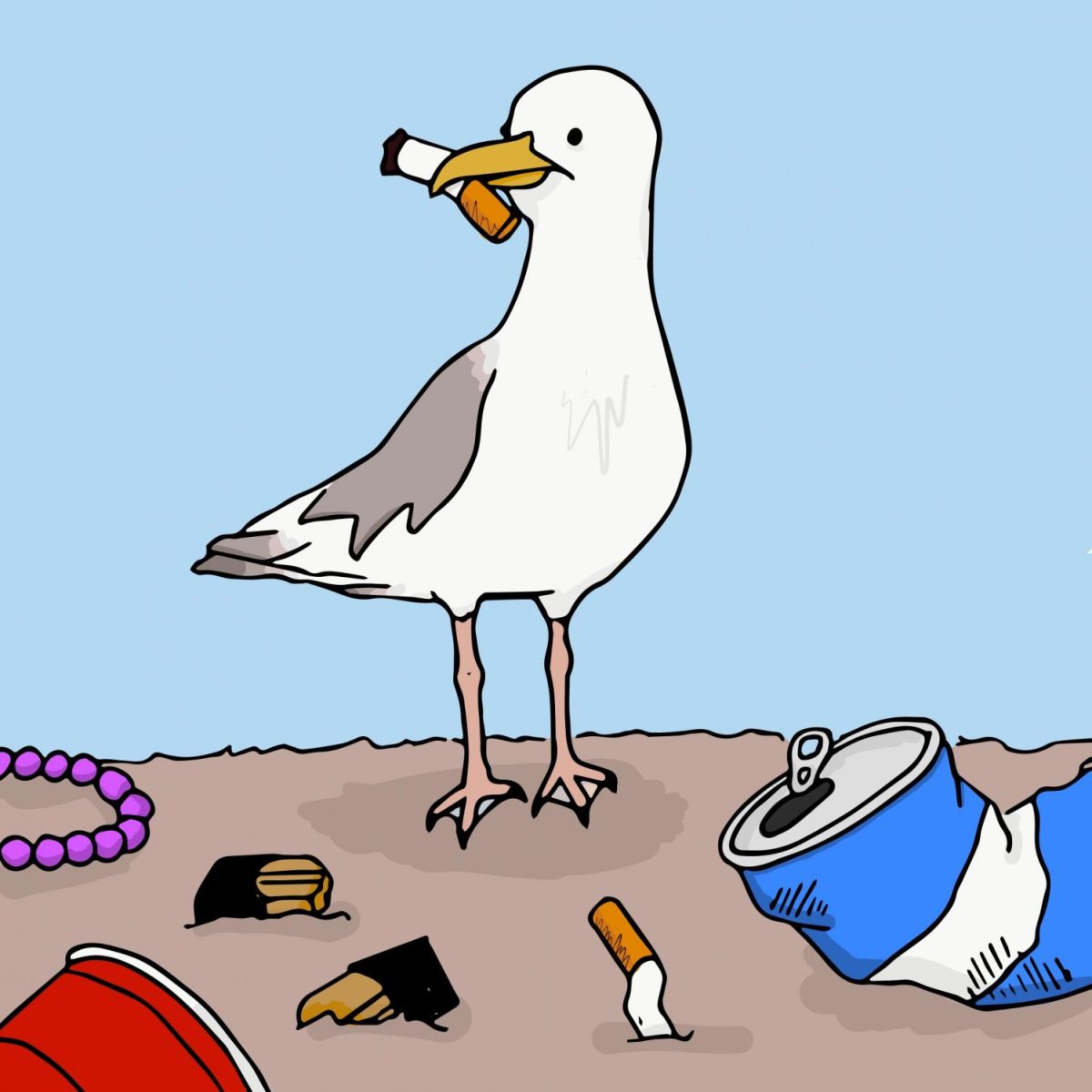 Seagull with a cigarette in mouth surrounded by trash.