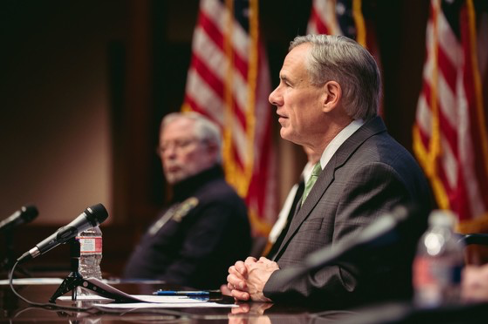 Greg Abbott in a media briefing April 8, photo courtesy of Texas governor’s office.