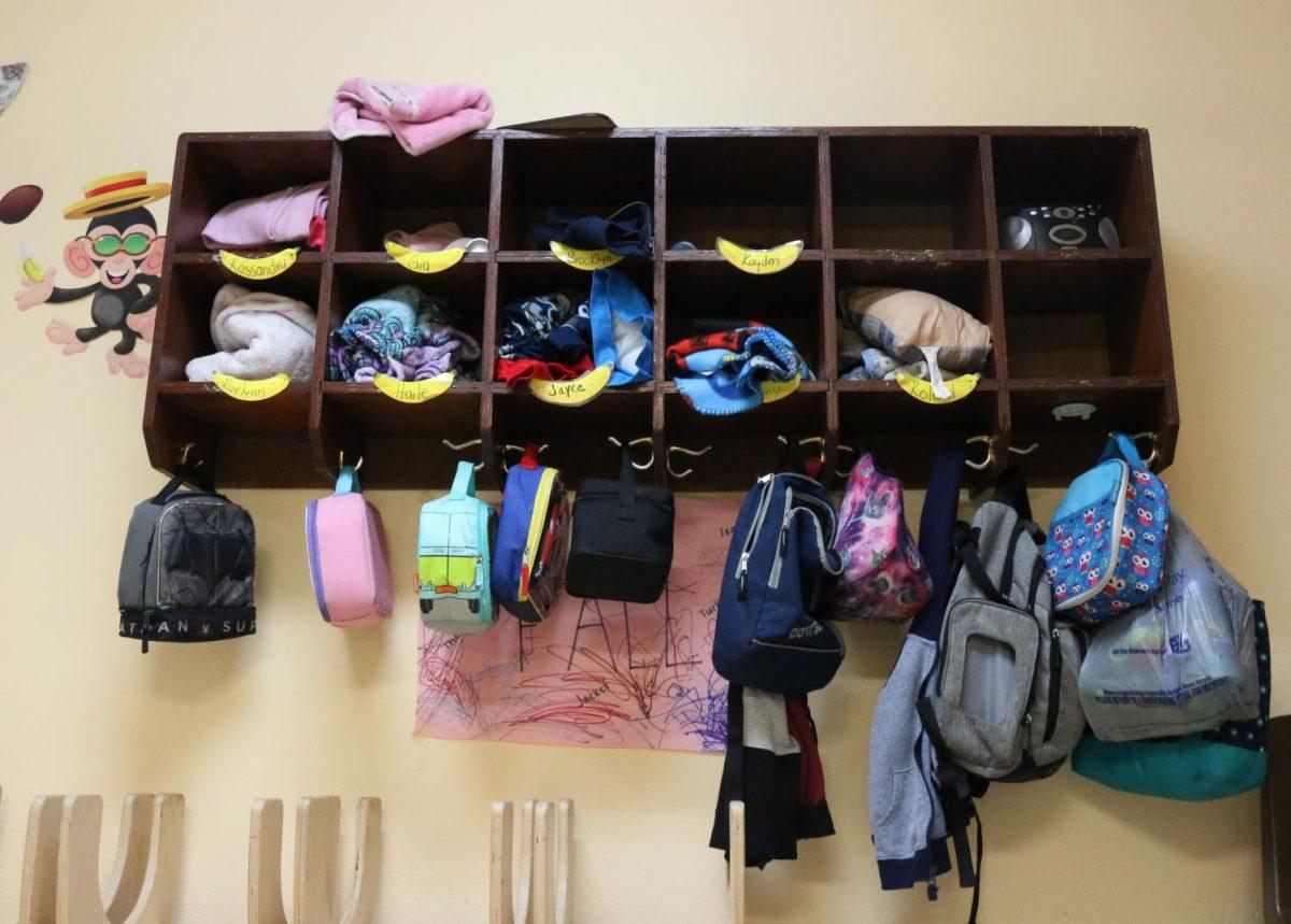 Backpacks and lunch boxes sit in a classroom inside of the Kids of the Kingdom daycare center, Friday, Dec. 6, 2019, at First Lutheran Church in San Marcos, Texas. When not at school or taking care of her chickens, Nichols works at the daycare center to pay her rent and college tuition. She takes care of kids ranging from 12-months to 2 years old. Additionally, the daycare provides her the extra funds she needs to take care of the chickens.