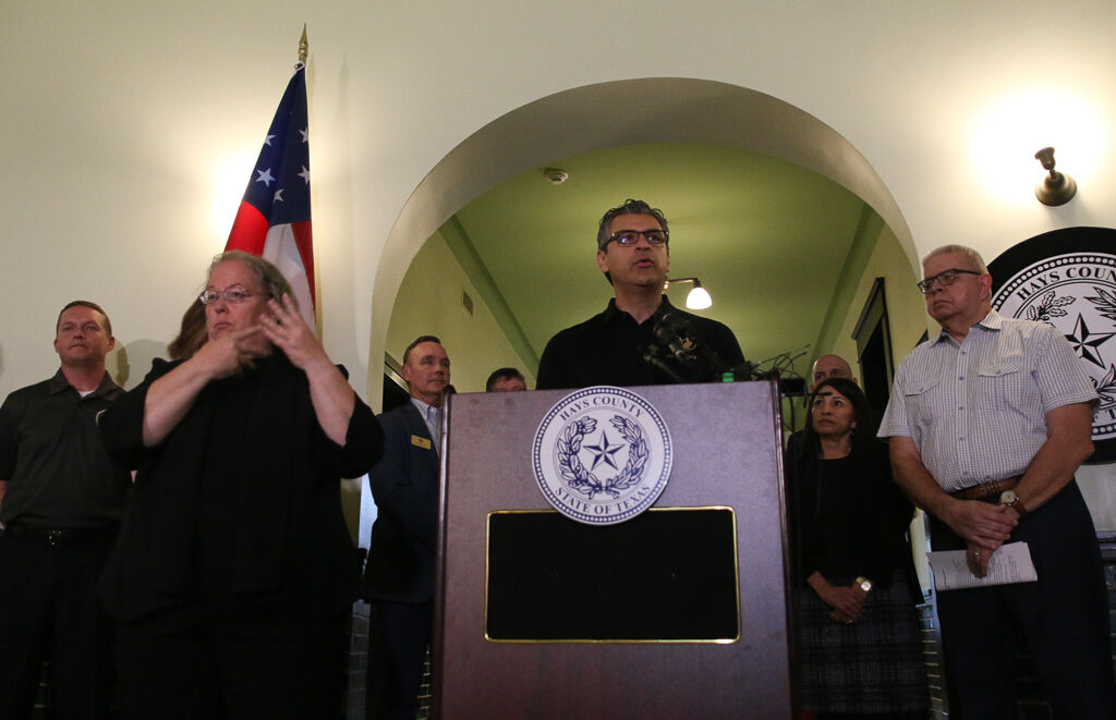 Hays County Judge Ruben Becerra declared a state of disaster for COVID-19 in the county, Sunday, March 15, 2020, at the Hays County Historic Courthouse in San Marcos. Residents concerned they may be exhibiting symptoms are instructed to call the Hays County Coronavirus Hotline at 512-393-5525 from 7 a.m. – 7 p.m.