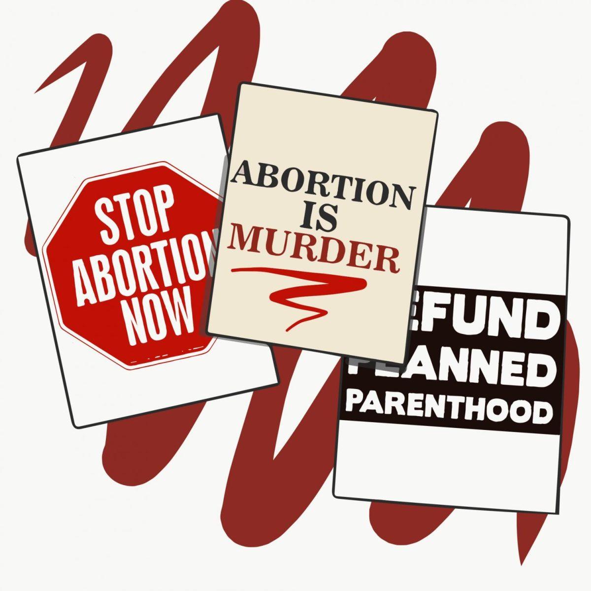 An illustration of three protest signs that read “STOP ABORTION NOW”, “ABORTION IS MURDER”, and “DEFUND PLANNED PARENTHOOD”.