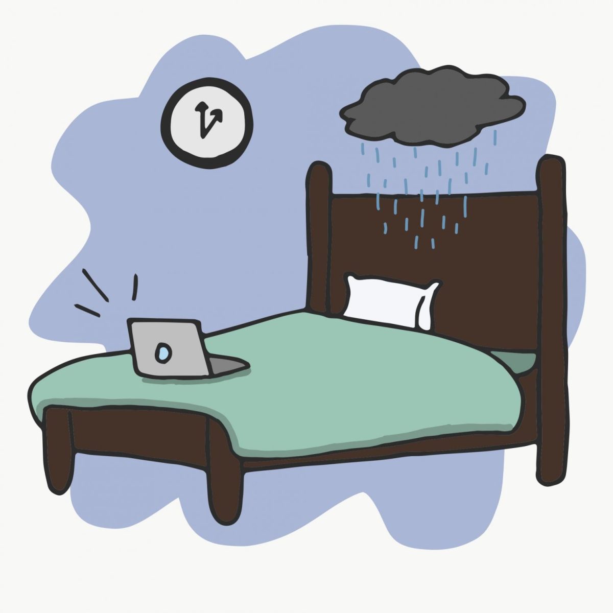 An illustration of an empty bed with a laptop on it and a raincloud above the pillow.