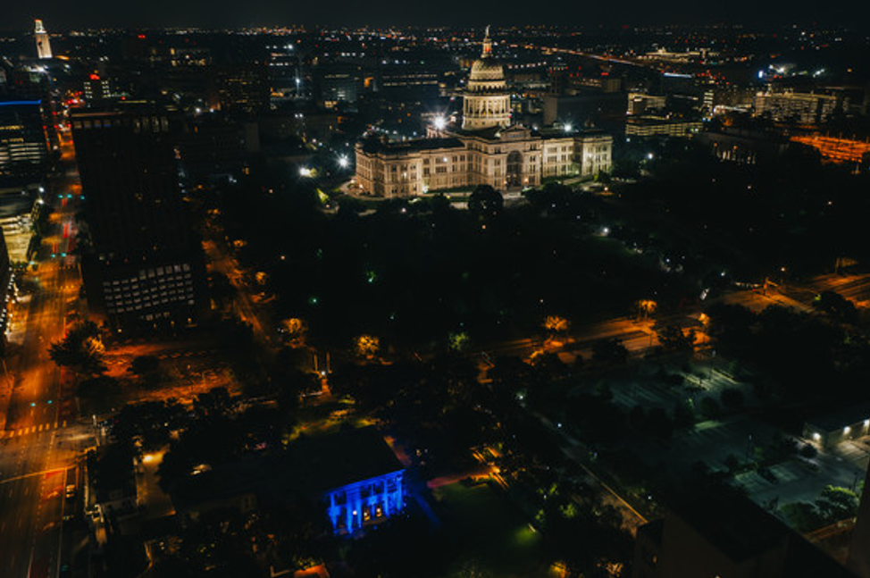 Photo of the State Capitol and Governor’s mansion, Friday, April 3, 2020, in Austin. Courtesy of Texas Governor’s office.