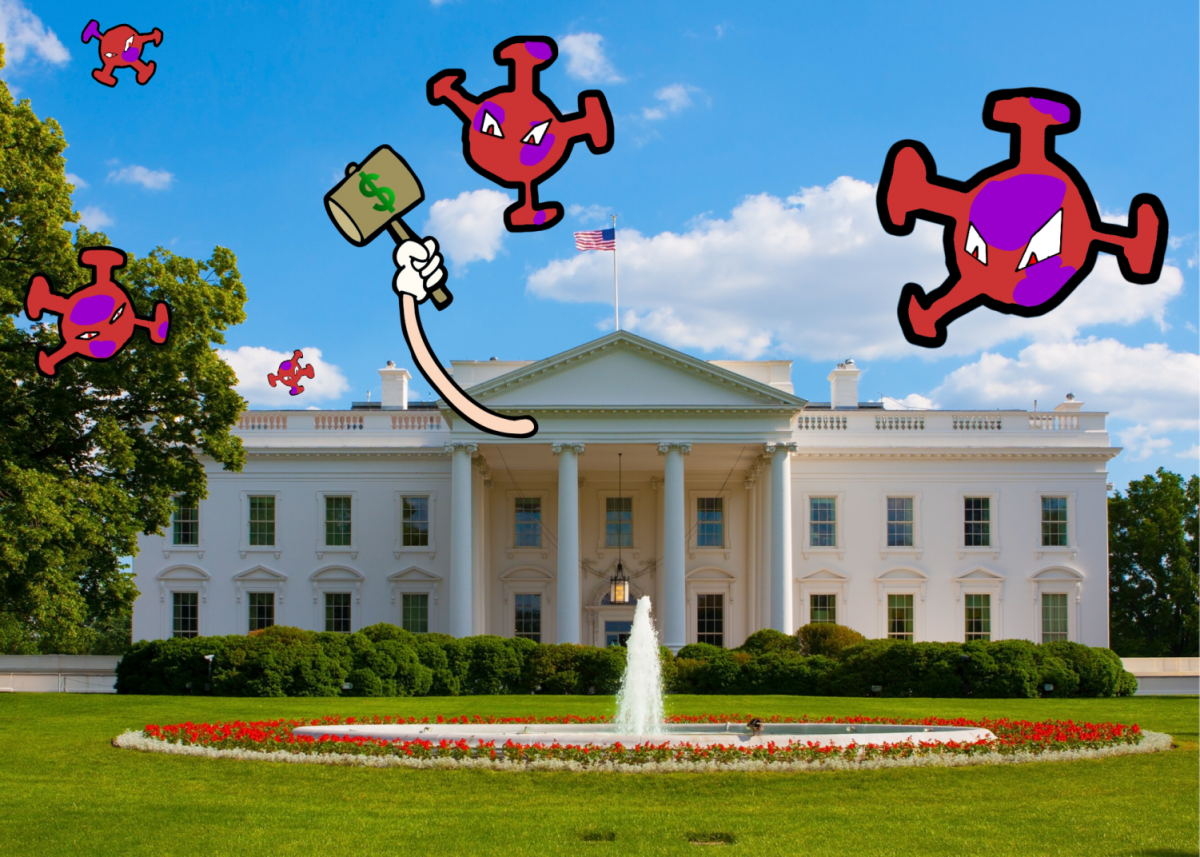 Coronavirus cell animations attacking an image of the White House. An arm with a dollar sign gavel acting as the White House fighting back.