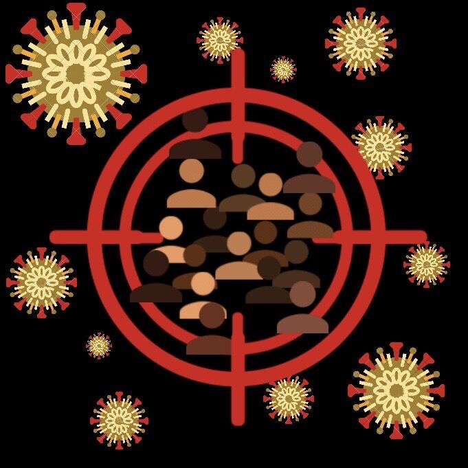 A target symbol surrounding images of people of color in the middle of coronavirus cells.