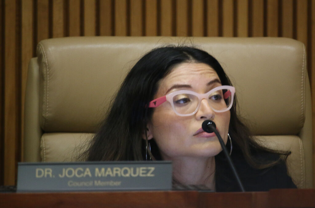 Dr. Jocabed “Joca” Marquez sits during a city council discussion over cite-and-release implementation in San Marcos, Tuesday, March 3, 2020, at San Marcos City Hall.