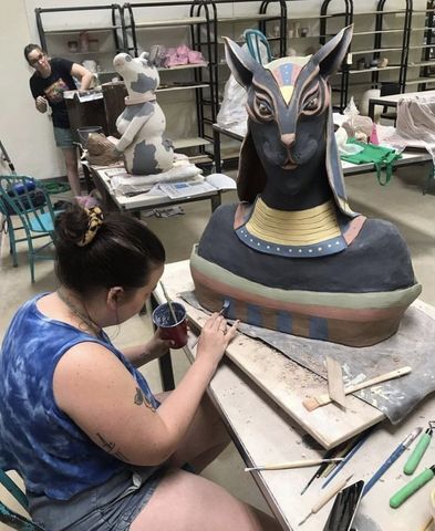 Hayley McGaugh, studio art ceramics senior, working on a ceramic piece, July 22, 2019 at the ceramics studio in Joann Cole Mitte at Texas State University.