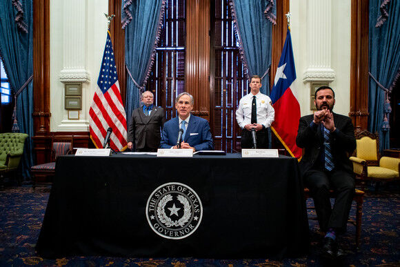 Texas Gov. Greg Abbott speaks at a press conference, Monday, March 23, 2020, to address the state’s response to COVID-19.