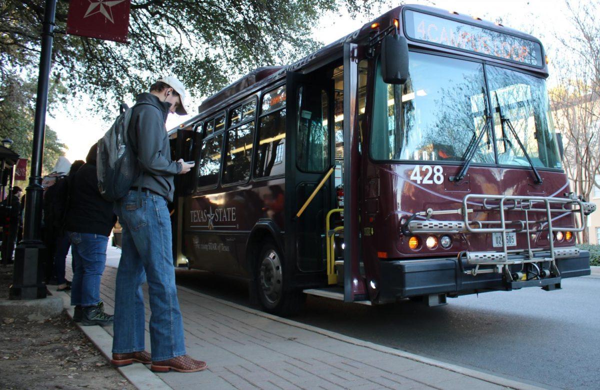 Texas+State+students+wait+to+board+a+shuttle%2C+Thursday%2C+Feb.+6%2C+2020%2C+at+the+Lantana+bus+stop.