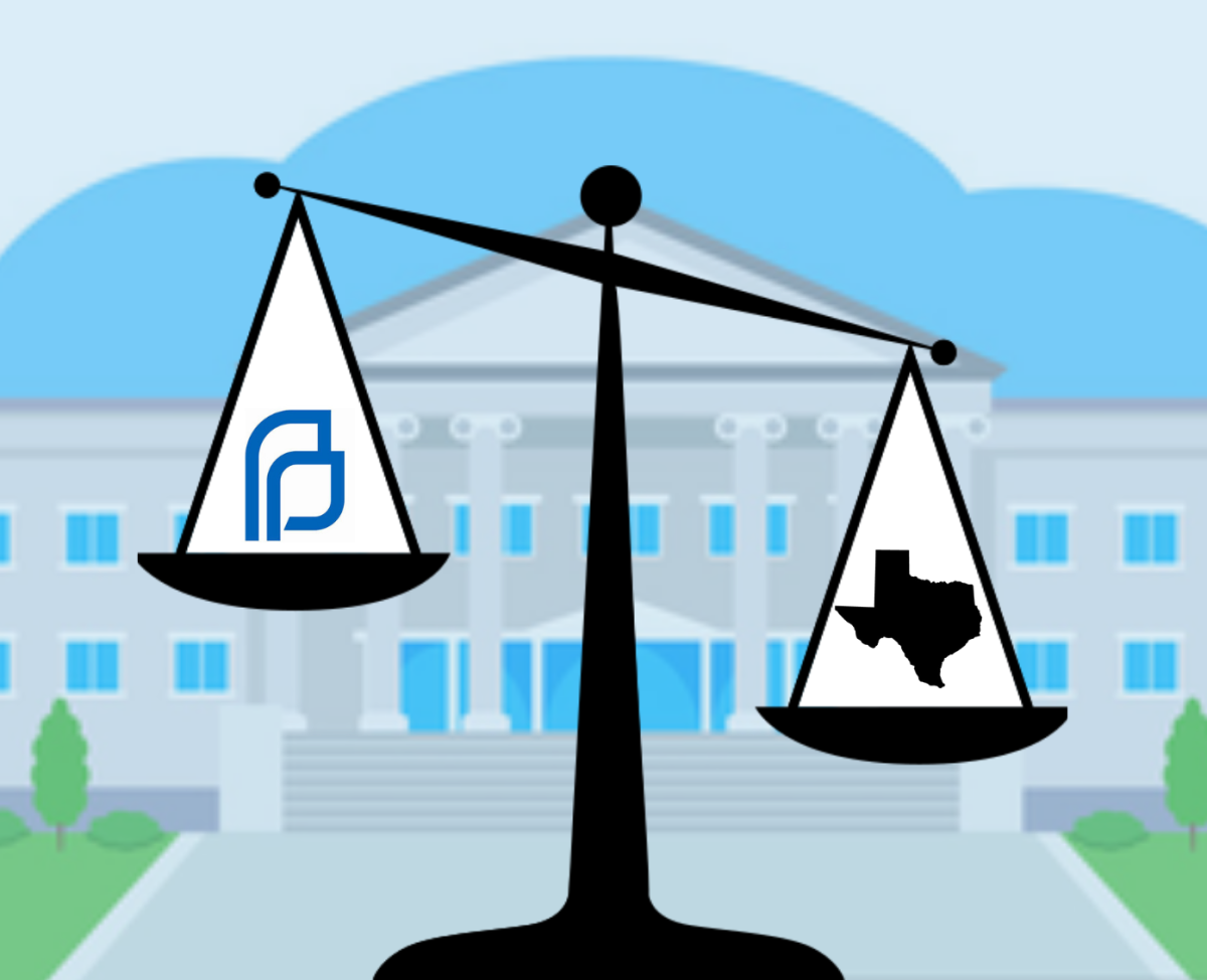 An+unbalanced%2C+cartoon+scale+holds+the+state+of+Texas+on+the+right+and+the+Planned+Parenthood+logo+on+the+left+in+front+of+a+cartoon+courthouse.