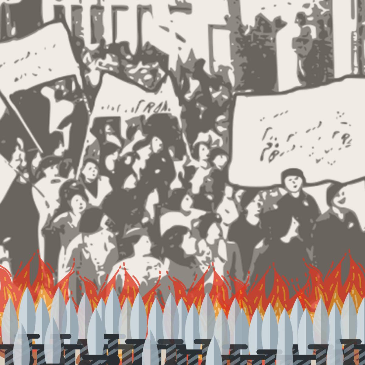 A faded photo of cartoon protesters holding signs stands behind a bottom border of cartoon knifes and flames.
