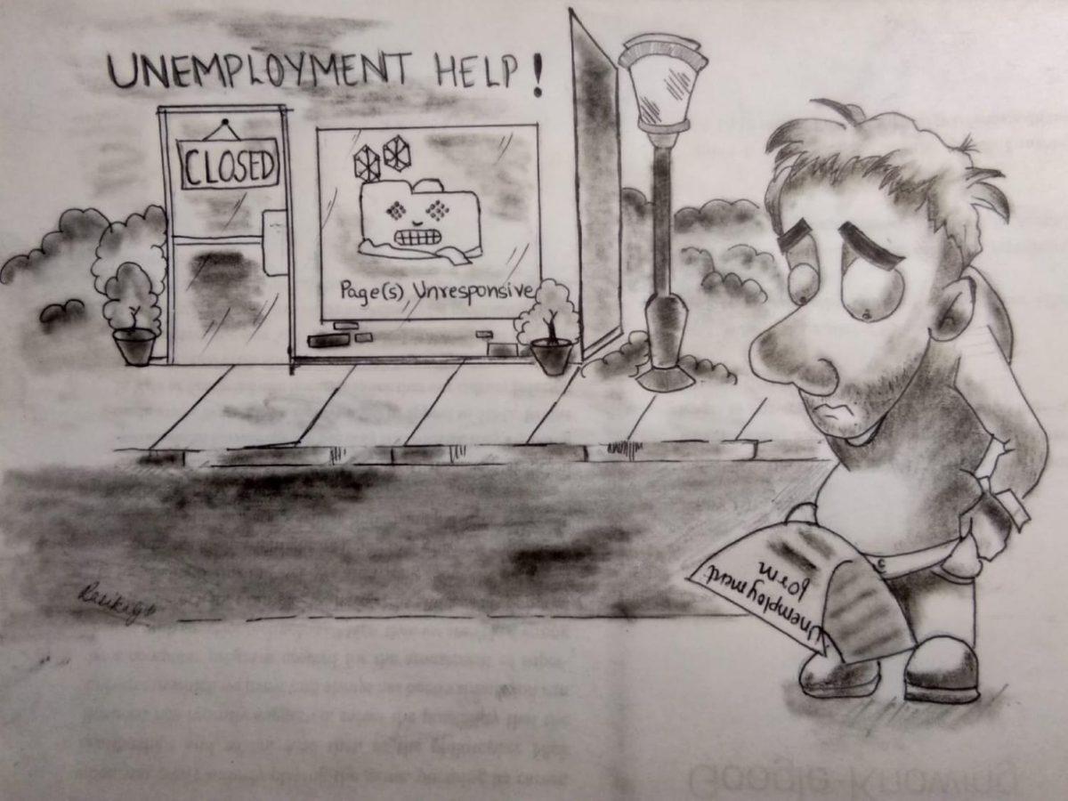 A cartoon drawing of a man in front of an unemployment building.