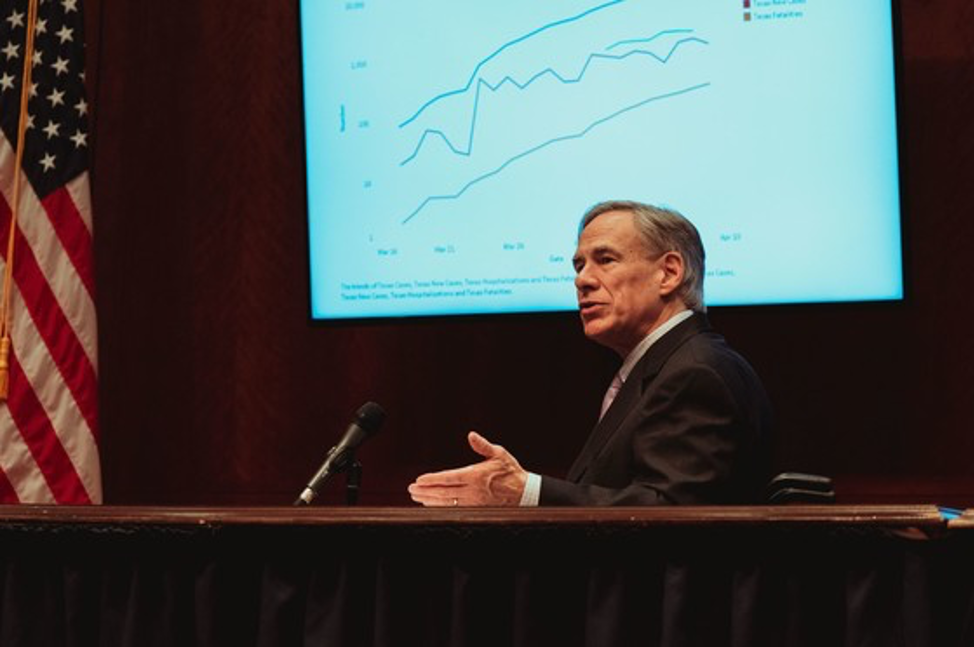 Gov. Greg Abbott sits in a media briefing, Friday, April 10, 2020, at the State Capitol.