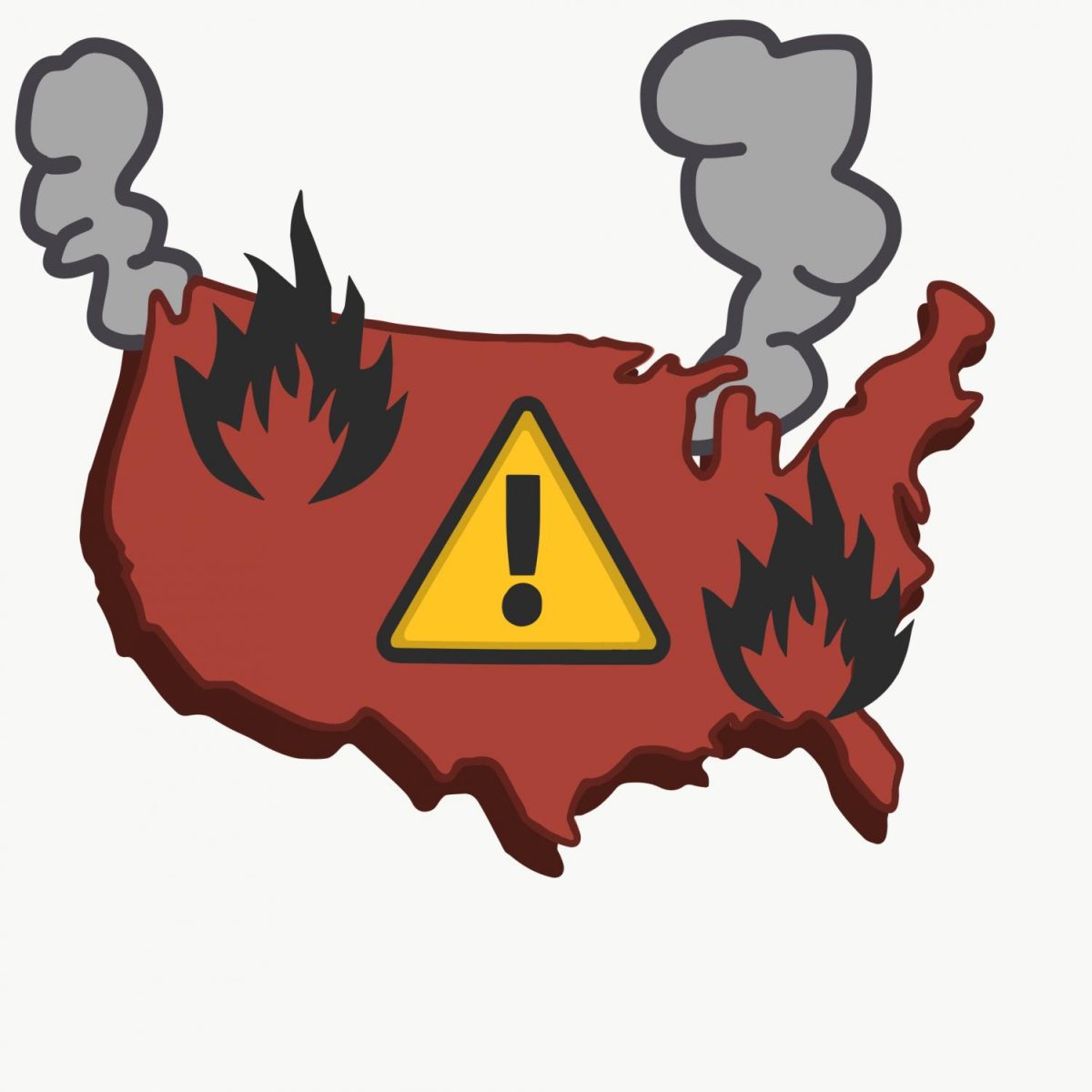 An image of the United States on fire with the caution symbol, yellow triangle and exclamation point, in the middle.