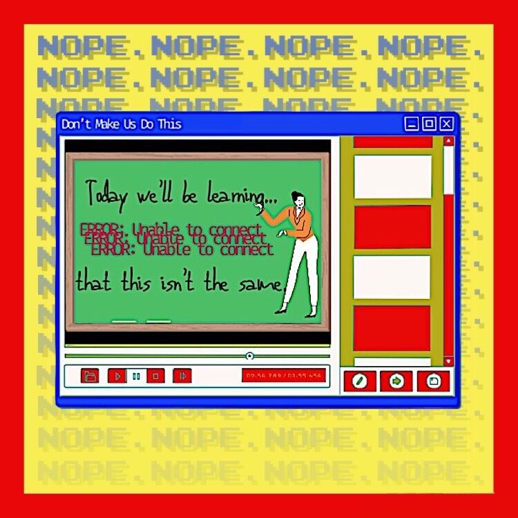 A computer screen mirroring a Zoom class. The instructor is pointing at the lecture that says “Today we’ll be learning…. that this isn’t the same. The word NOPE. repeating in the background.