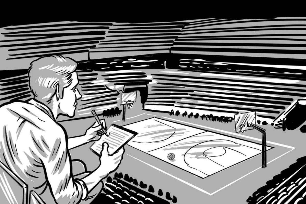 An+illustration+of+a+sports+reporter+sitting+with+a+notebook+in+an+empty+basketball+arena.
