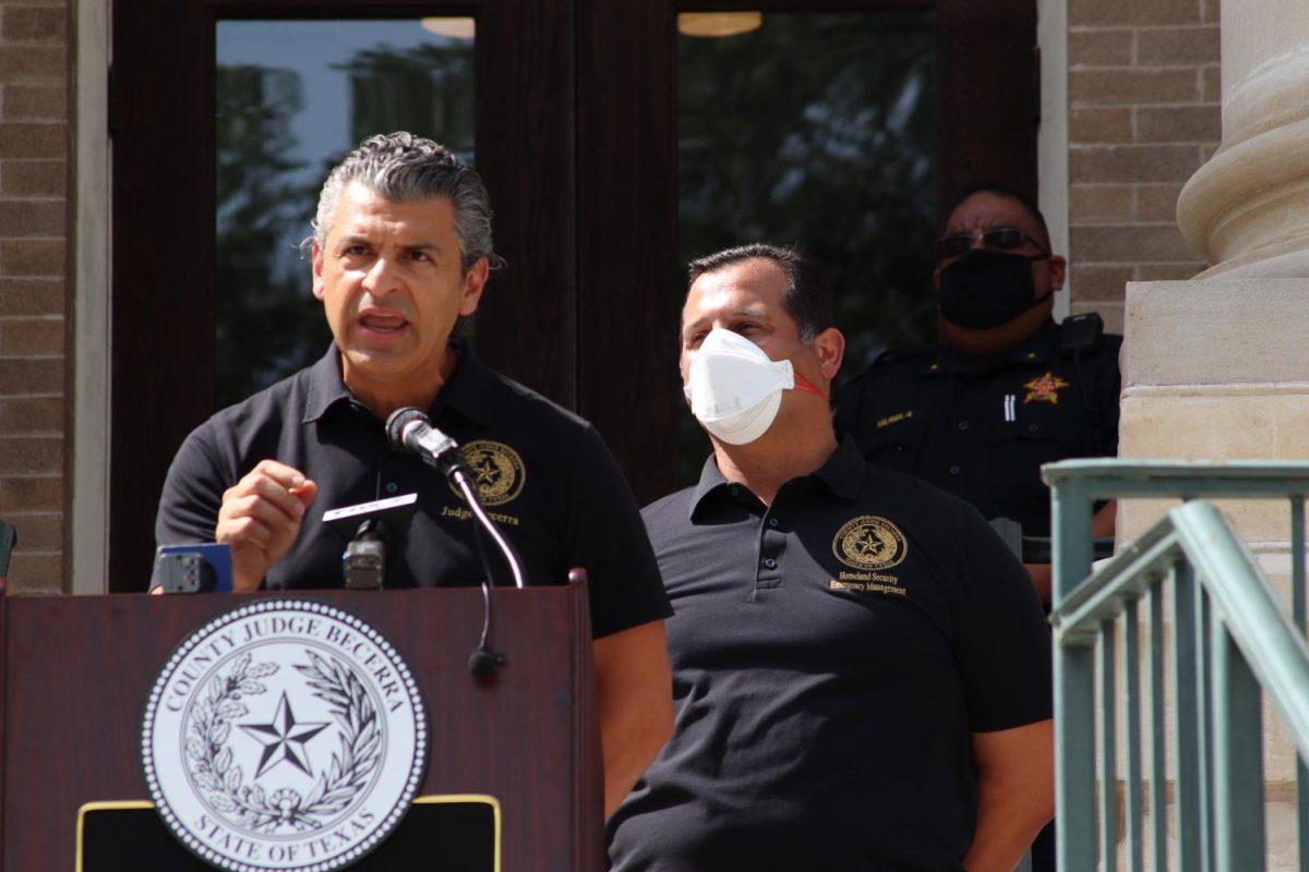 Hays County Judge Ruben Becerra issues an executive order requiring all Hays County residents to wear face coverings when in public, Thursday, June 18, 2020, outside of the Hays County Historic Courthouse. The order will begin June 22 and end July 20.
