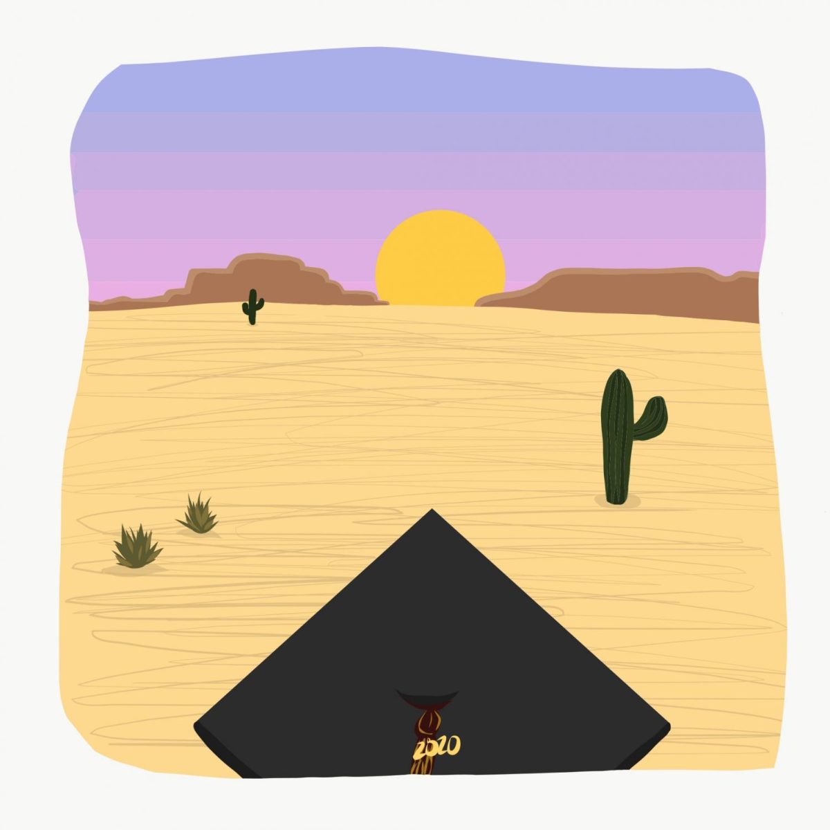 An illustration of a person wearing a “2020” graduation cap looking out over a desert