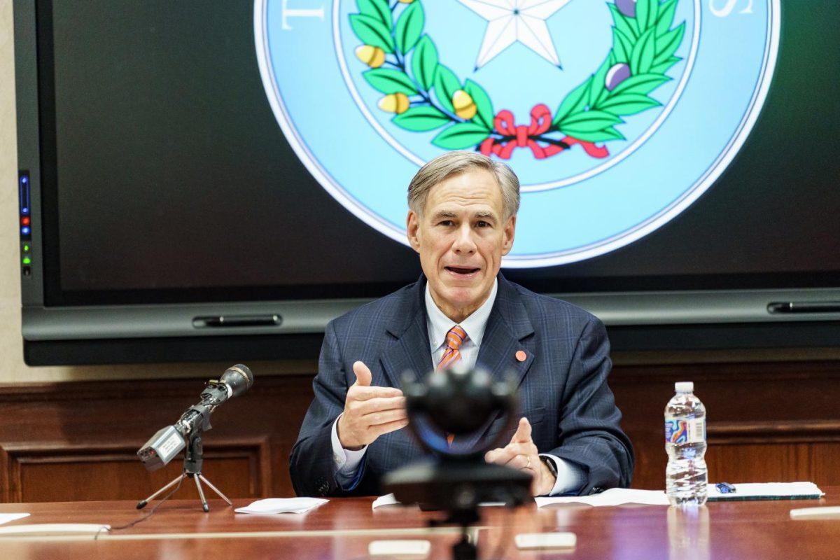 Gov. Greg Abbott sits in a conference room, Tuesday, March 17, 2020, in the Texas Department of Emergency Management Command Center.
