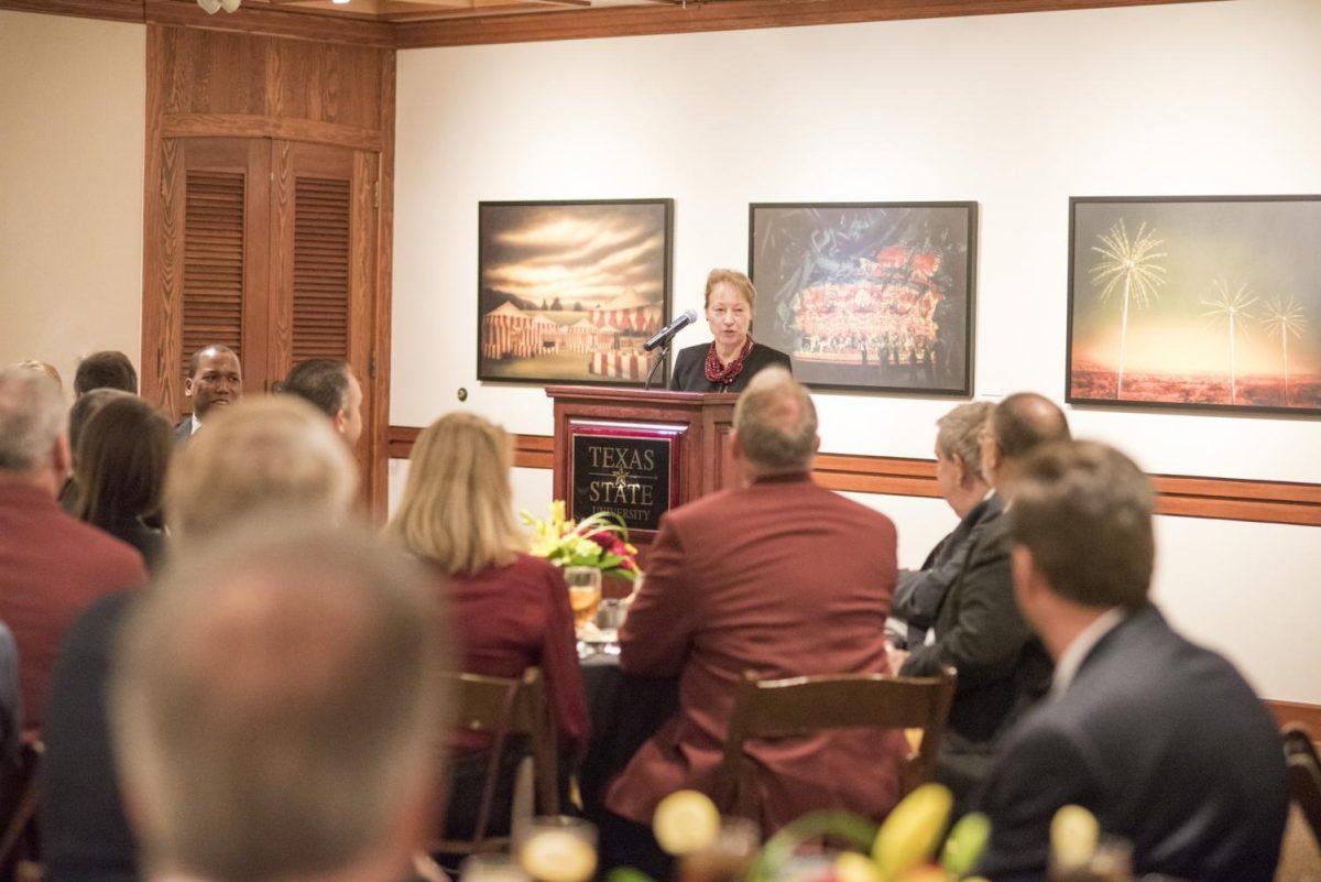 Texas+State+President+Denise+Trauth+speaks+at+an+Alumni+Luncheon+during+2018+Homecoming+Week.+Photo+courtesy+of+Chandler+Prude.